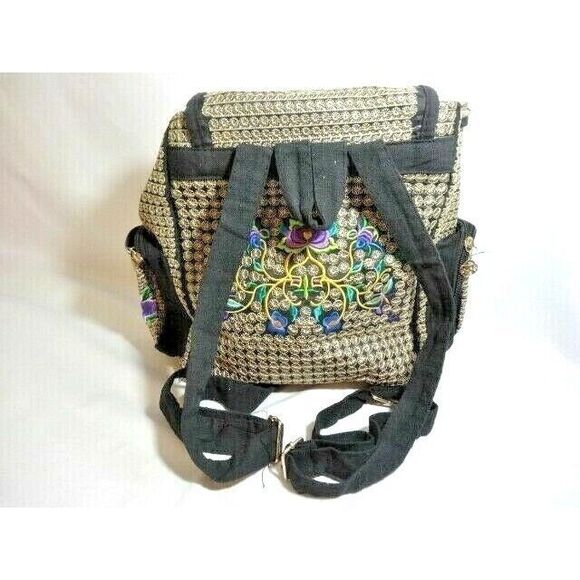 Embroidered Floral Backpack Small Zip Pockets Purple Flower Drawstring Gift NEW - Picture 2 of 4